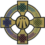 Equal-armed Celtic cross with Awen symbol in the center