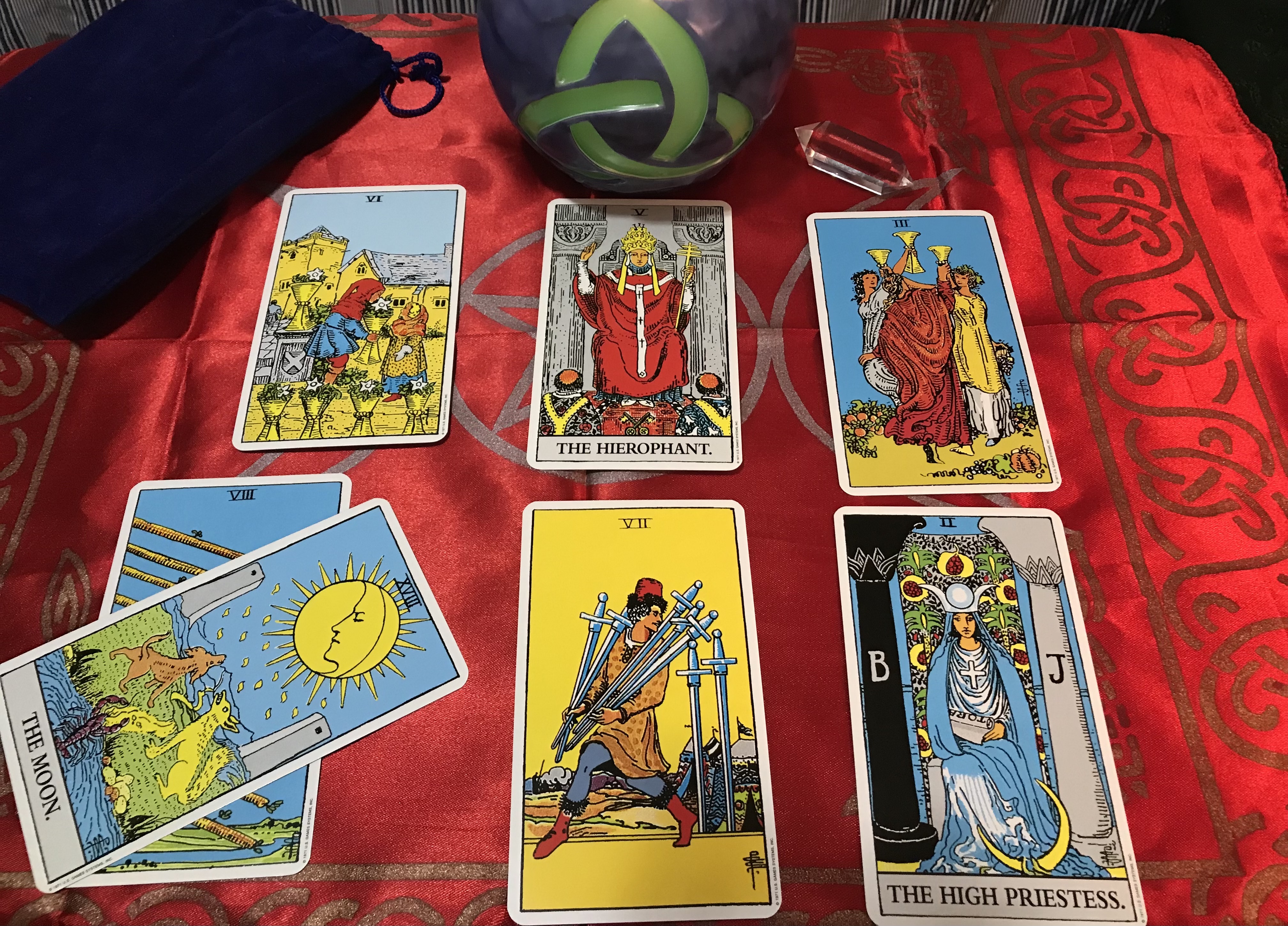 Seven card Tarot spread using the Rider-Waite-Smith deck.