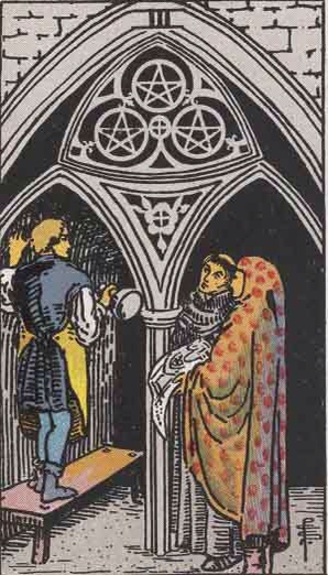 Three of Pentacles from the Rider-Waite-Smith Tarot deck. 